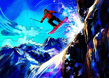 Extreme Skier Jumping Off Mountain Cliff