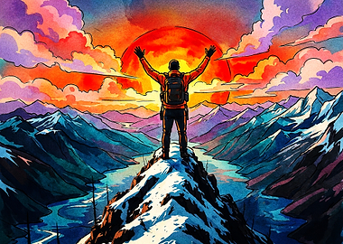 Hiker Standing on Mountain Peak