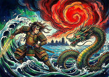 Samurai Battling a Sea Dragon