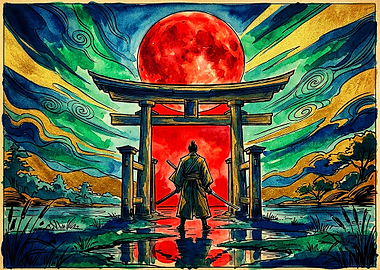 Samurai Standing Before Torii Gate