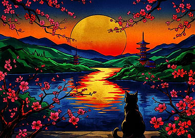 Black Cat Watching Japanese Sunset