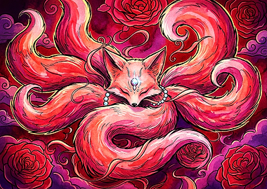 Nine-Tailed Fox with Red Roses