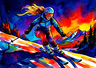 Vibrant Watercolor Skier in Motion