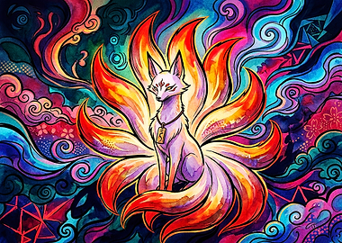 Vibrant Nine-Tailed Kitsune Fox Art