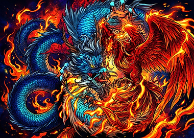 Epic Dragon and Phoenix Fire Battle