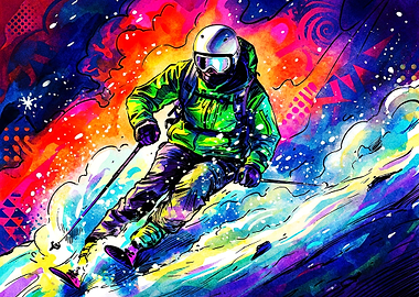 Vibrant Psychedelic Skiing Action Art