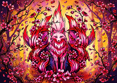 Nine-Tailed Kitsune in Cherry Blossoms