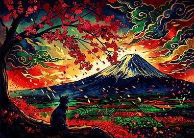 Black Cat Watching Mount Fuji