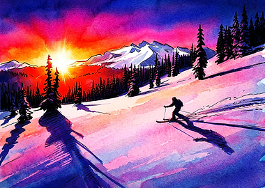 Skier on Snowy Mountain at Sunset