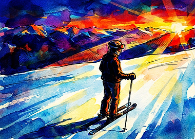 Skier at Sunset Watercolor Painting