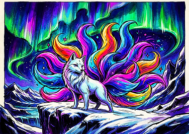 Nine-Tailed Fox Under Northern Lights