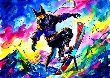 Colorful Anthropomorphic Wolf Snowboarding Art