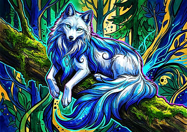 Mystical Blue Fox in Enchanted Forest