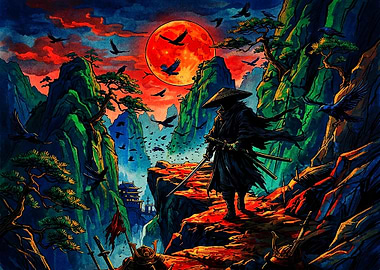 Samurai Warrior Under Blood Moon