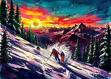 Vibrant Watercolor Skiing Mountain Landscape