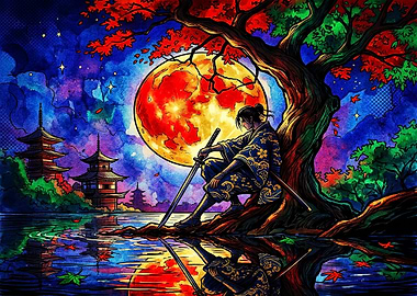 Samurai Resting Under Vibrant Moonlit Tree