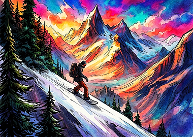 Vibrant Watercolor Snowboarding Mountain Landscape