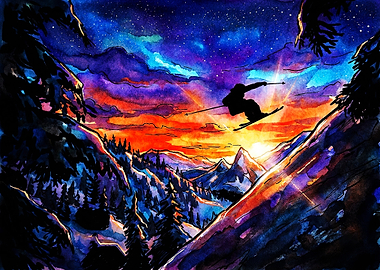Skier Jumping Over Mountain Sunset