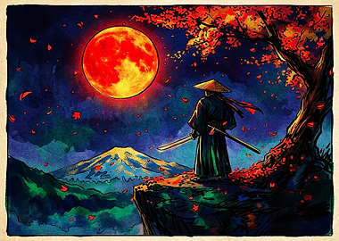 Samurai Standing Under Red Moon