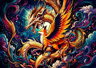 Winged Fox and Golden Dragon