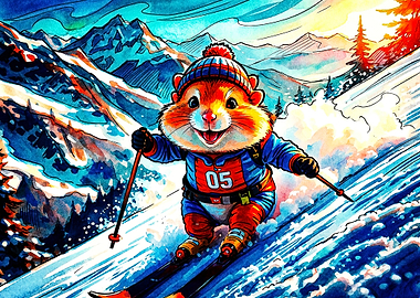 Cute Hamster Skiing Down Mountain