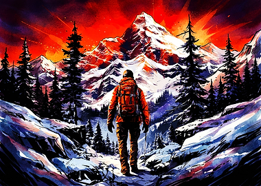 Hiker Facing a Fiery Mountain Peak
