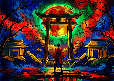 Samurai Standing Before Torii Gate