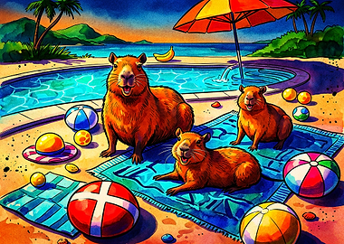 Capybaras Relaxing by the Pool