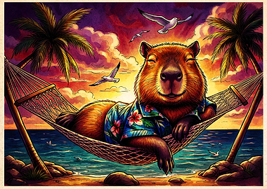 Relaxed Capybara in Tropical Hammock
