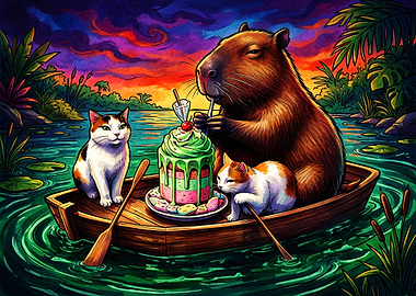 Capybara and Cats Boat Party