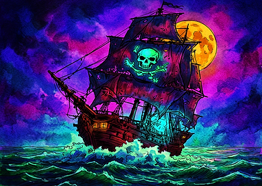 Neon Pirate Ship Under Full Moon