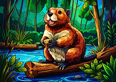 Happy Beaver in a Lush Forest