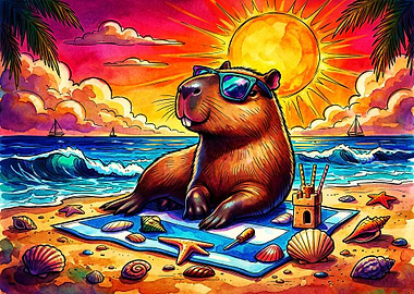 Cool Capybara Relaxing on the Beach