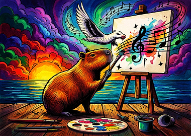 Capybara Artist Painting Musical Notes