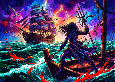 Pirate Queen with Trident at Sea