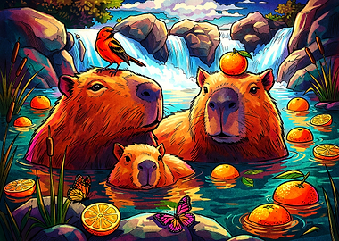 Capybaras Relaxing in Orange Infused Water