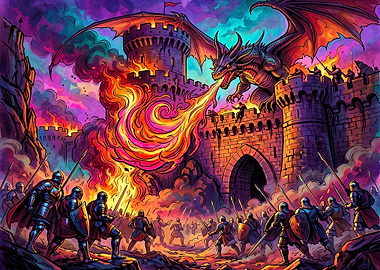 Dragon Attacking Medieval Castle Siege