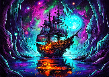Neon Fantasy Pirate Ship in Cave
