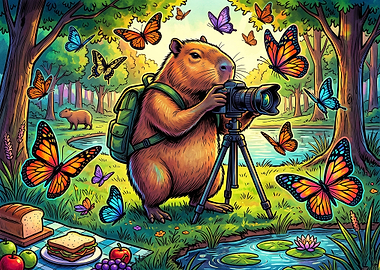 Capybara Photographer in a Butterfly Forest