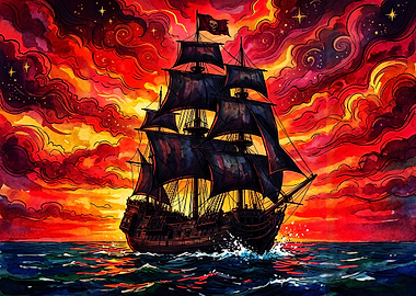 Pirate Ship at Sunset Painting