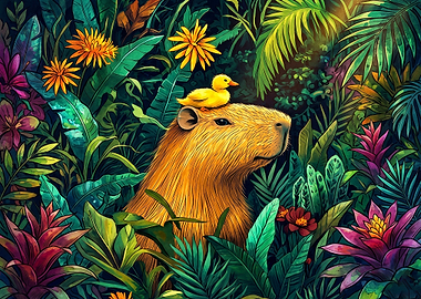 Capybara with Duck in Jungle