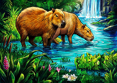 Two Capybaras in a Tropical Oasis