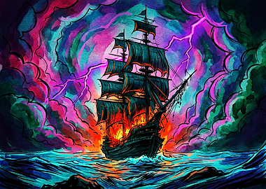 Burning Pirate Ship in Storm