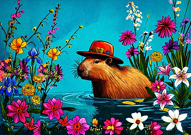 Capybara Wearing a Hat in Flowers