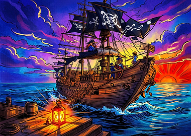 Pirate Ship Sailing at Sunset