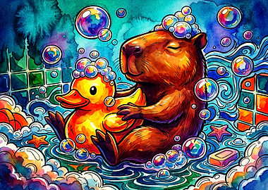 Capybara Bathing with Rubber Duck