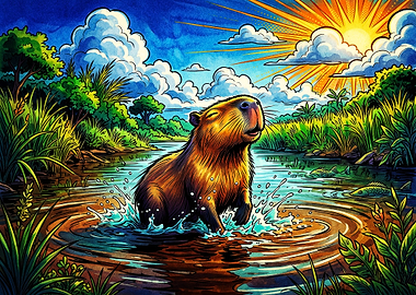 Happy Capybara Splashing in River