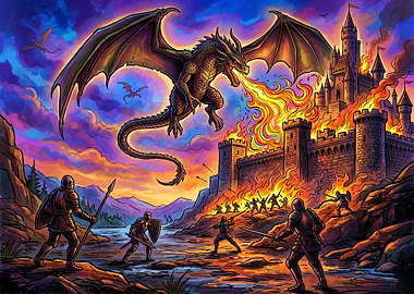 Dragon Attacking Medieval Castle Siege
