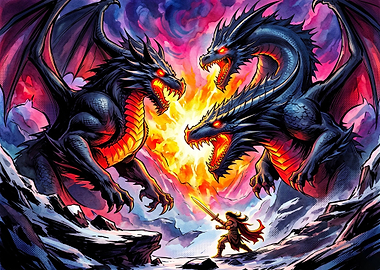 Warrior Facing Two Fierce Dragons