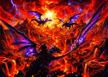 Dragon Riders Over Volcanic Landscape
